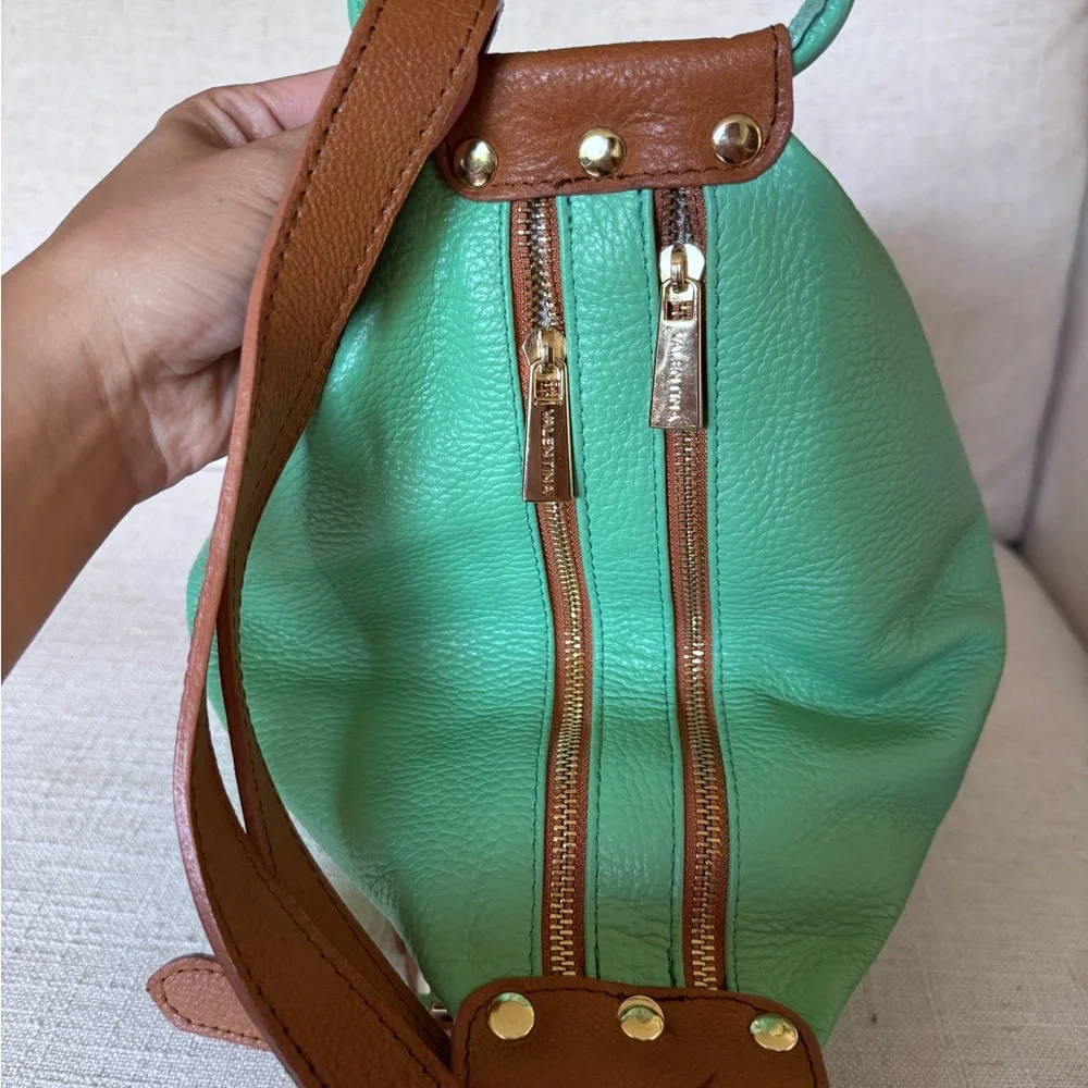 Valentina Italian Pebbled Leather‎ Sling Bag Backpack Purse Mint Green /Brown